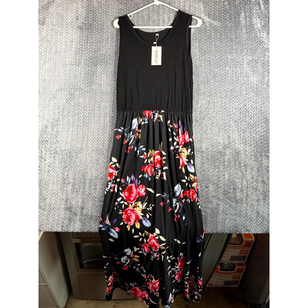 Auselily Maxi Dress Women XL Black Floral Scoop Neck Sleeveless Casual Summer